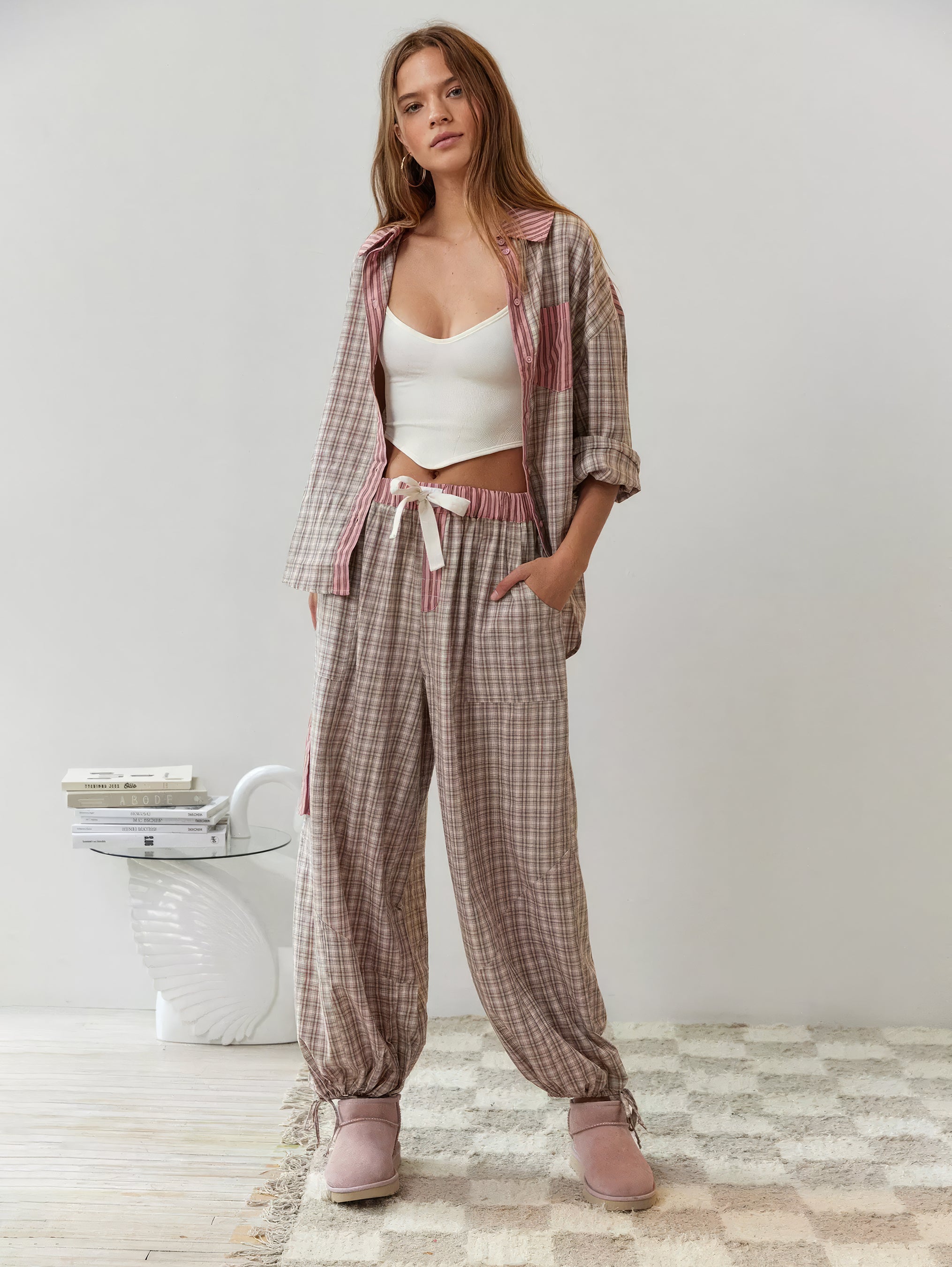 Damen Pyjama Set | Hemdoberteil mit Knopfleiste und langer Hose