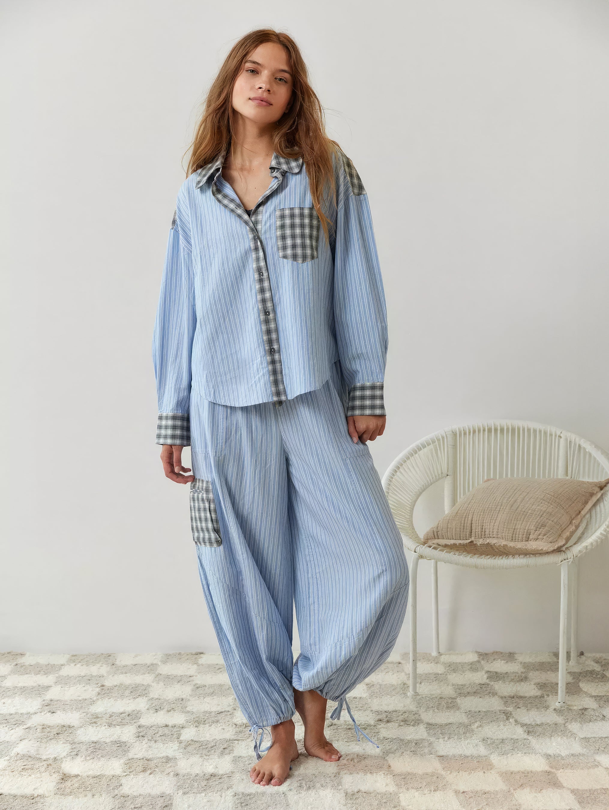 Damen Pyjama Set | Hemdoberteil mit Knopfleiste und langer Hose