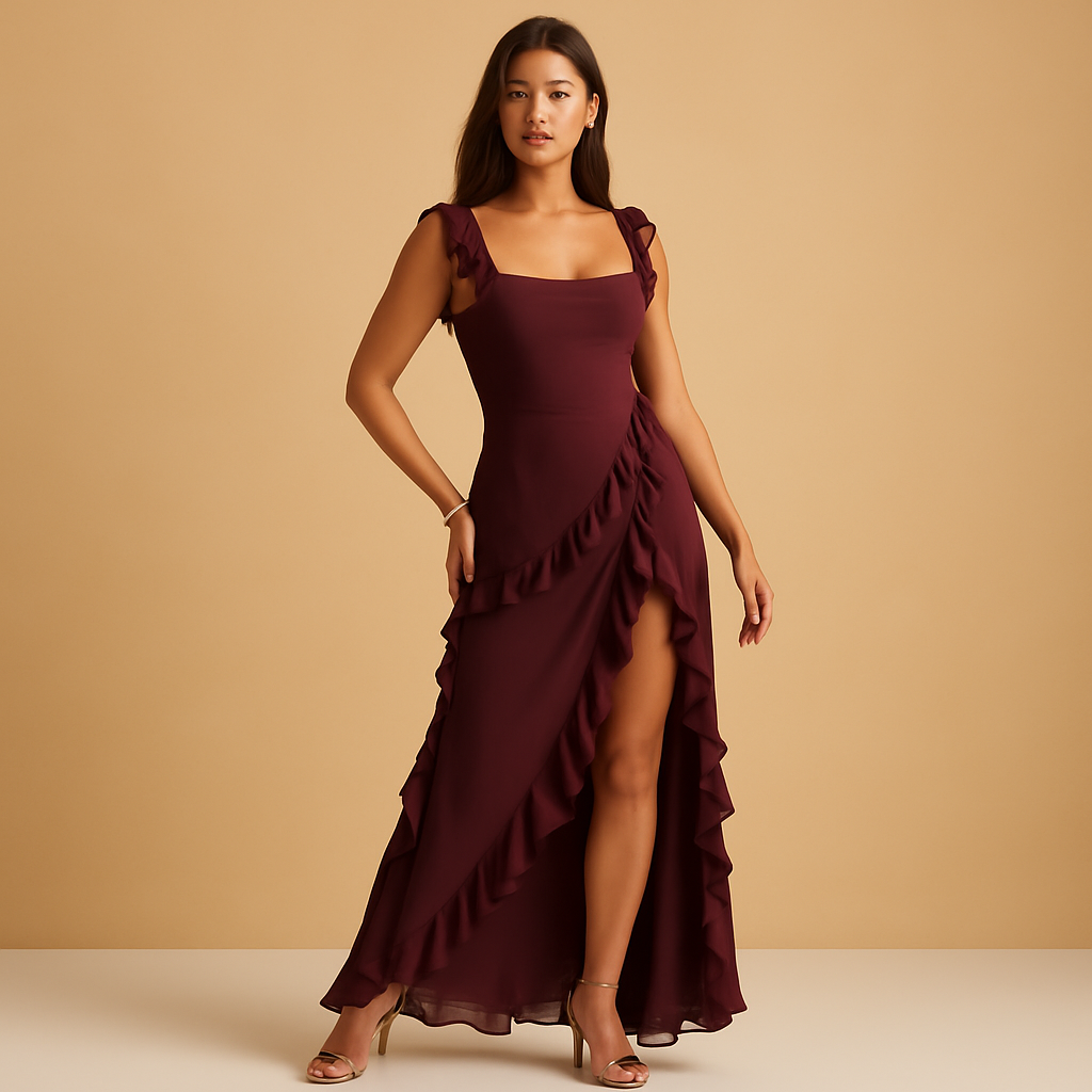 Damen Kleid | Maxilänge mit Schulterträgern und Rüschenlinie