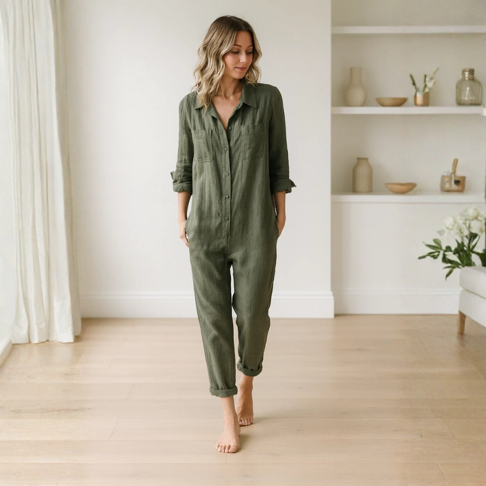 Damen Jumpsuit | Knopfleiste mit Kragen und Taillenbund