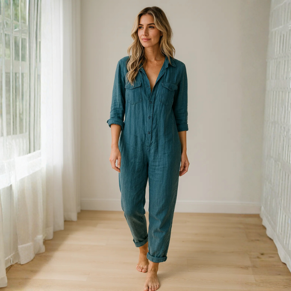 Damen Jumpsuit | Knopfleiste mit Kragen und Taillenbund