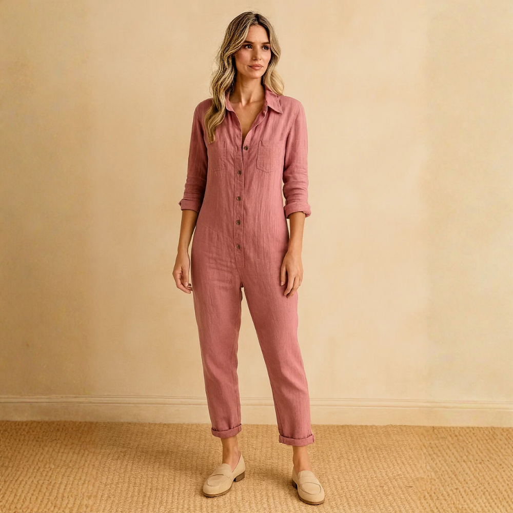 Damen Jumpsuit | Knopfleiste mit Kragen und Taillenbund