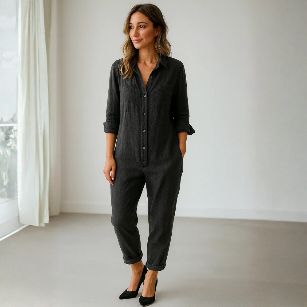 Damen Jumpsuit | Knopfleiste mit Kragen und Taillenbund