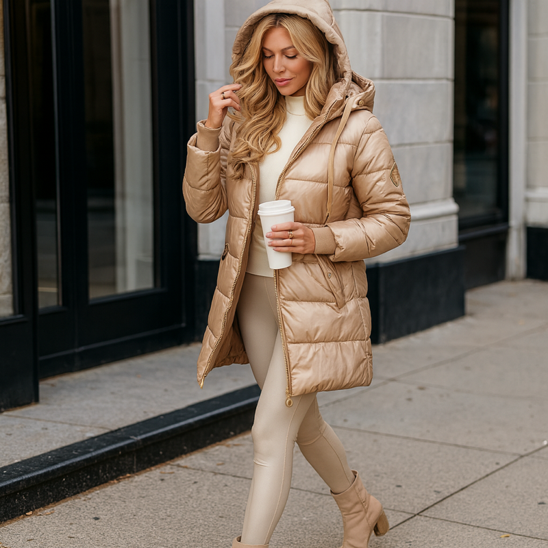 Damen Pufferjacke mit Kapuze | Geschlossene lange Form für Alltag