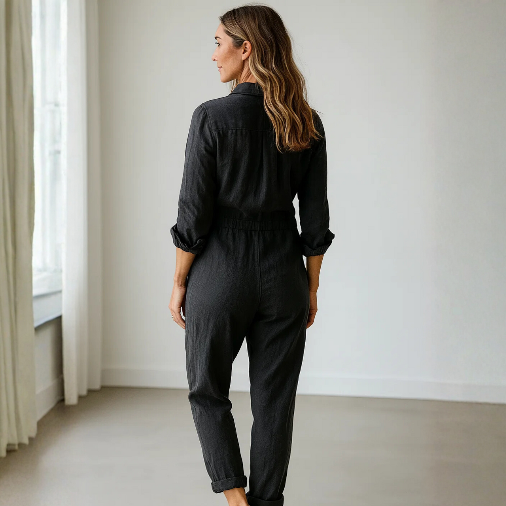 Damen Jumpsuit | Knopfleiste mit Kragen und Taillenbund