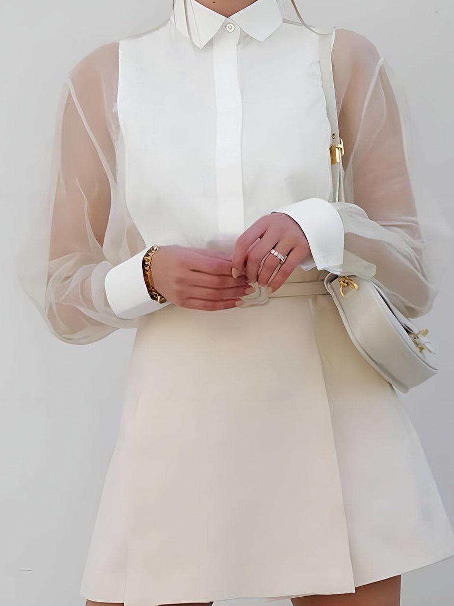 Bluse Damen | Kragen mit transparenten Ärmeln