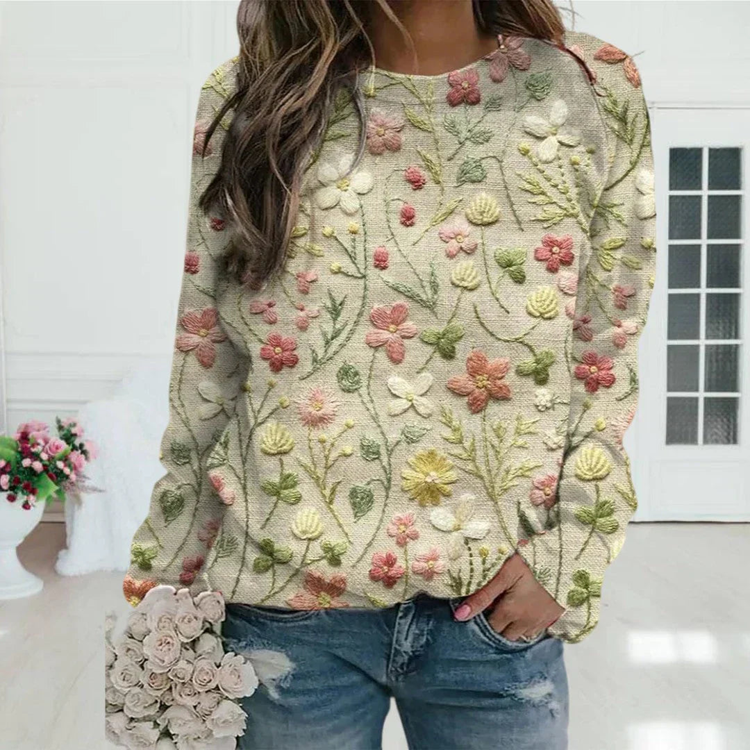 Pullover Damen | florale Stickstruktur Rundhals